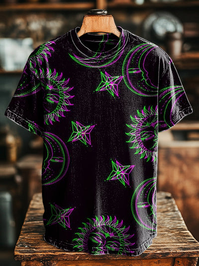 Unisex Vintage Psychedelic Star and Moon Printed Casual Short Sleeve T-Shirt