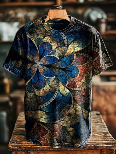 Men's Retro Aged Geometric Floral Print Casual Short Sleeve T-Shirt
