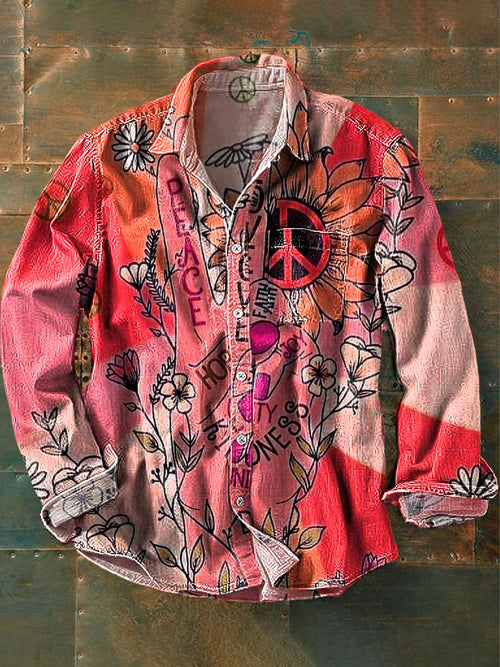 Unisex Vintage Peace and Love Daisy Art Print Cotton Lapel Long Sleeve Pocket Shirt