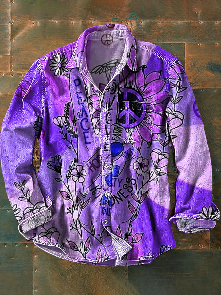 Unisex Vintage Peace and Love Daisy Art Print Cotton Lapel Long Sleeve Pocket Shirt