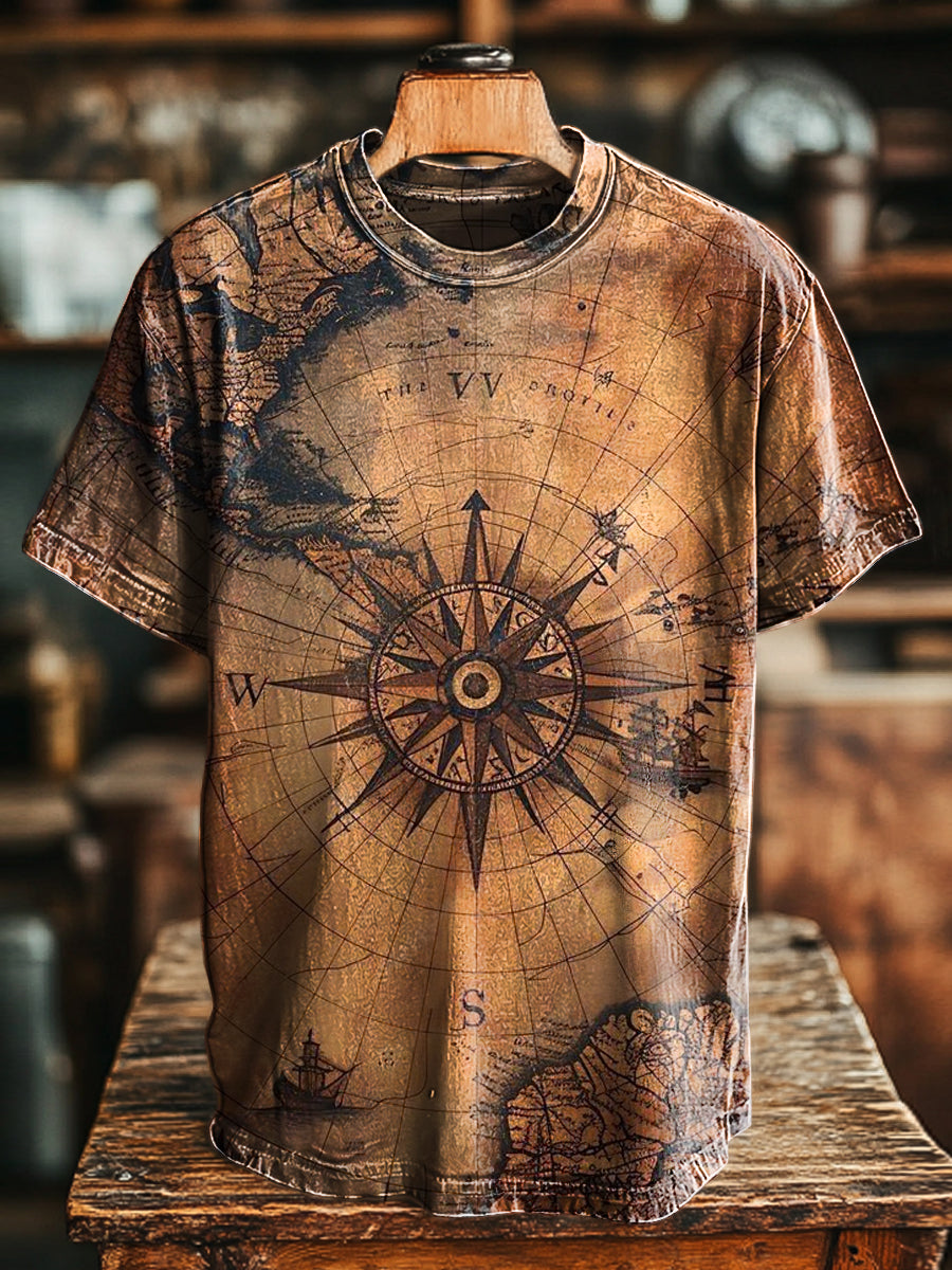 Unisex Retro Compass Print Casual Loose Short Sleeve T-Shirt