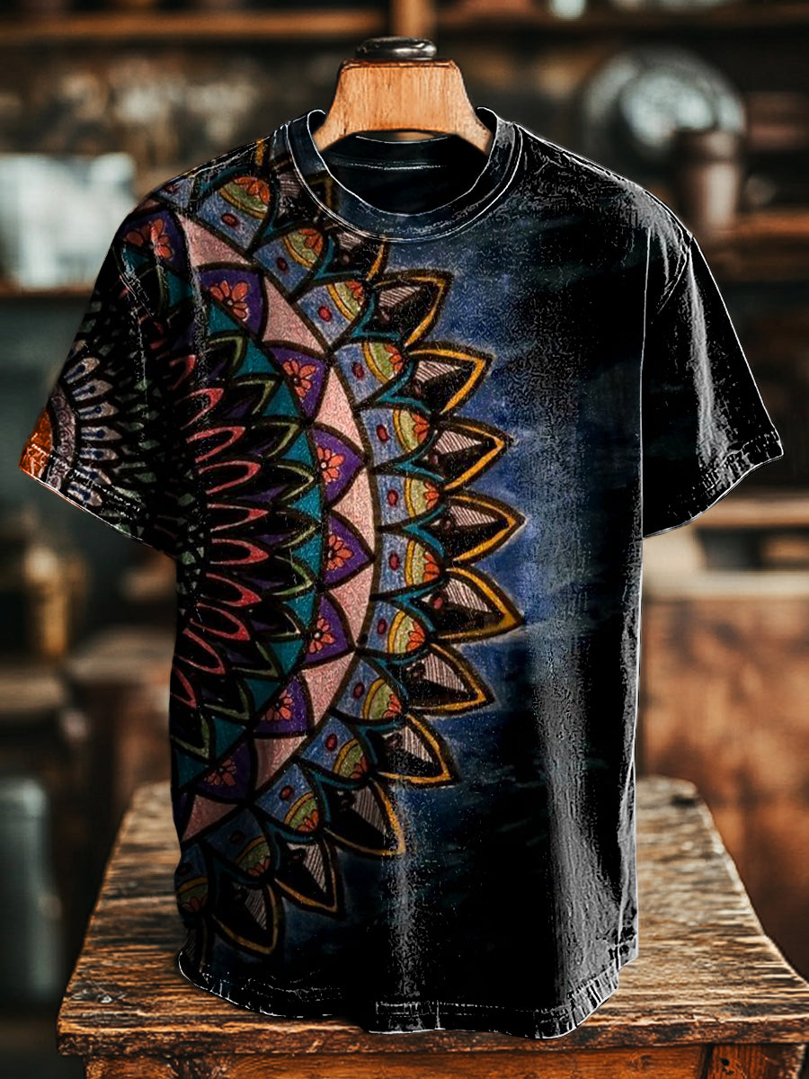 Unisex Vintage Multicolor Mandala Print Casual Loose T-Shirt