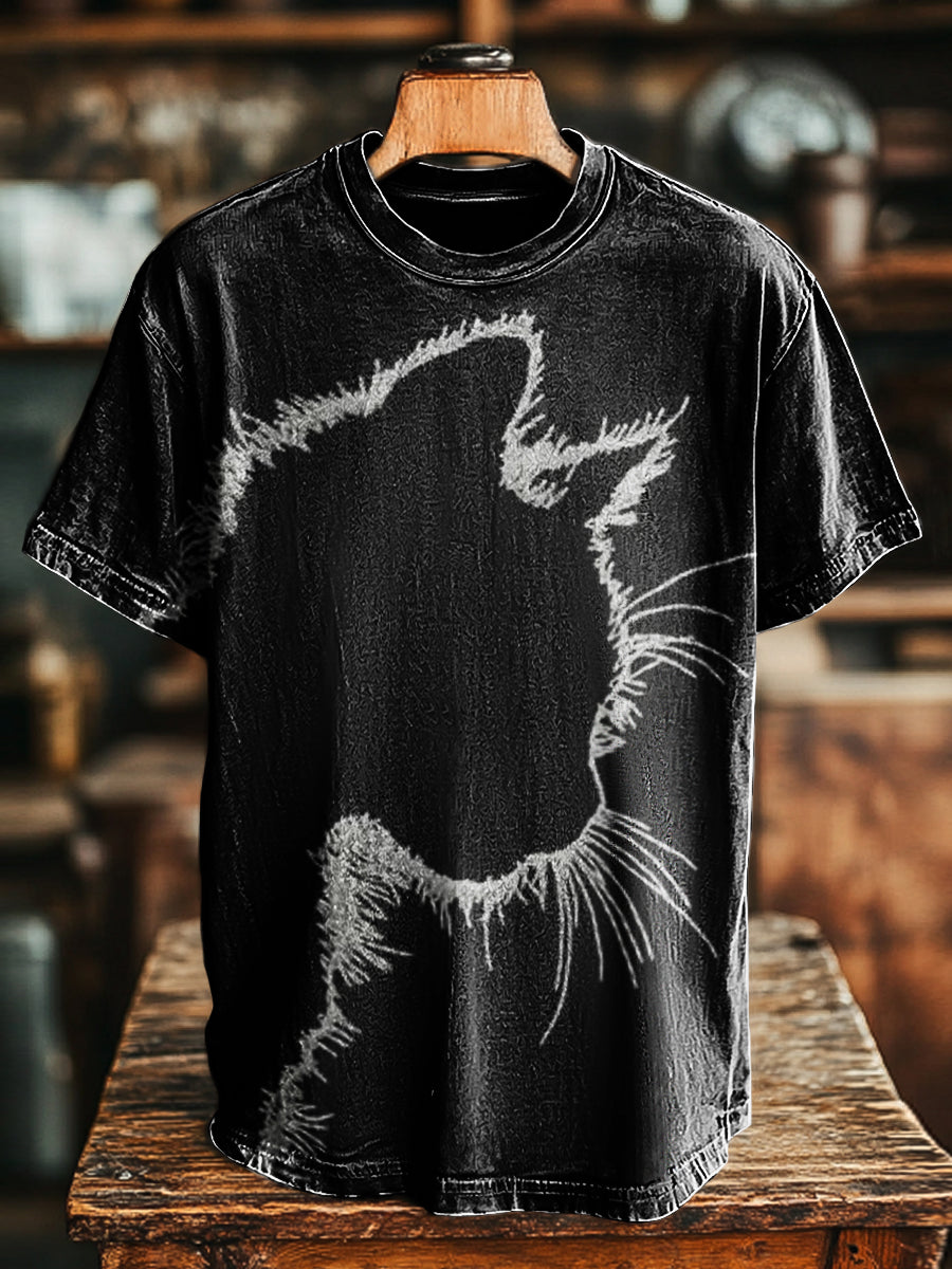 Unisex Vintage Abstract Cat Portrait Print Casual Loose T-Shirt