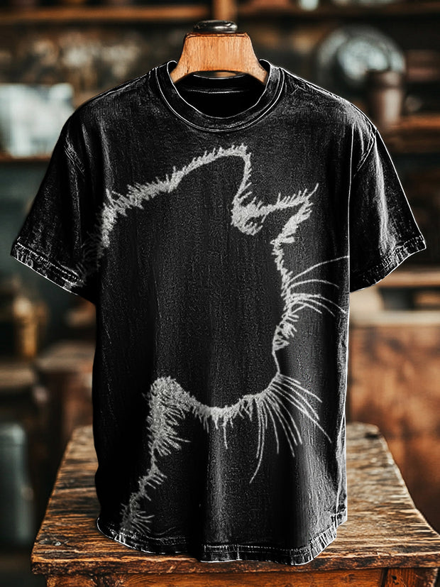 Unisex Vintage Abstract Cat Portrait Print Casual Loose T-Shirt