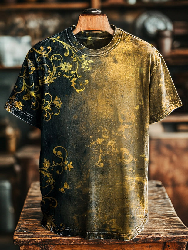 Unisex Vintage Old Vineman Floral Print Casual Loose Short Sleeve T-Shirt