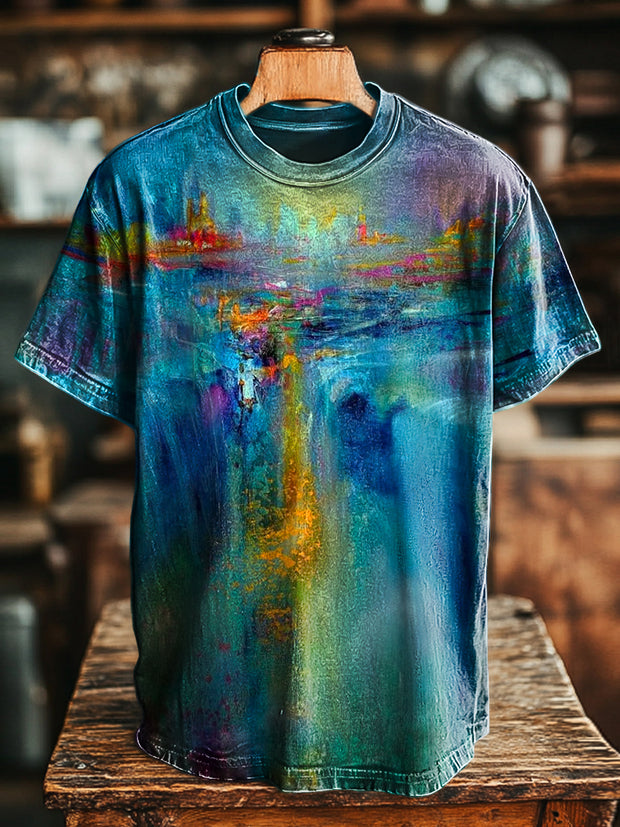 Unisex Vintage Abstract Waterfall Painting Print Casual Loose T-Shirt