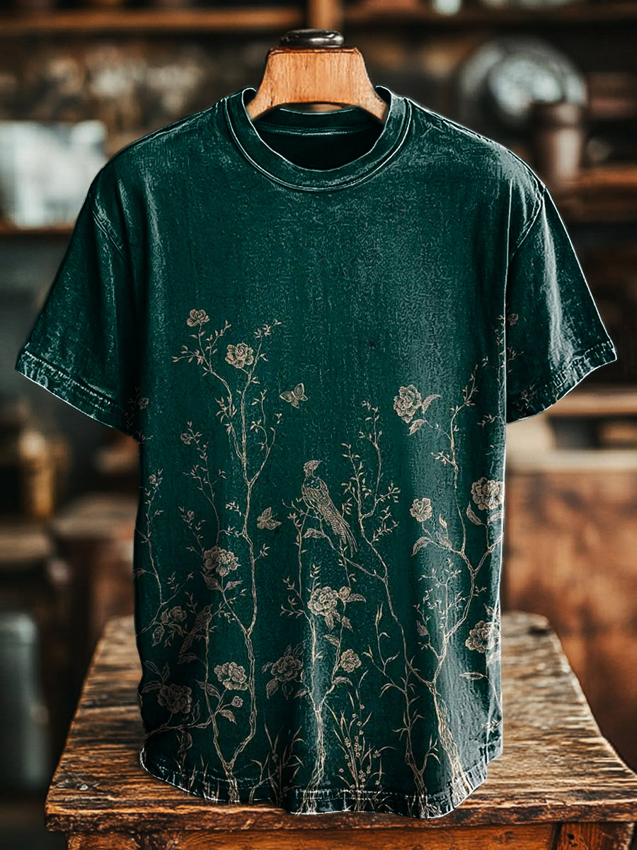 Unisex Retro Line Floral Bird Print Casual Loose Short Sleeve T-Shirt