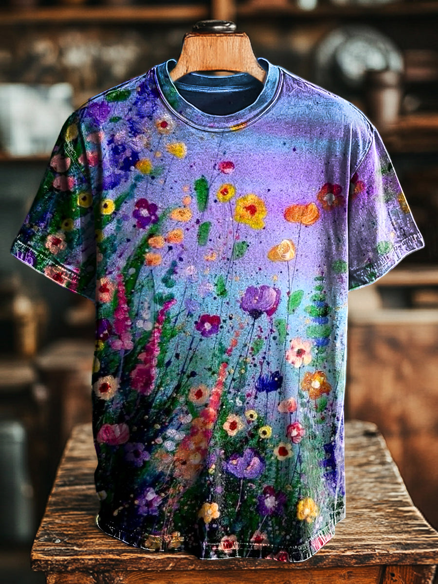 Unisex Vintage Abstract Floral Oil Print Casual Loose T-Shirt