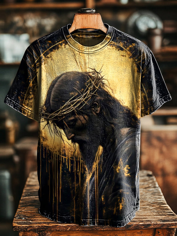 Unisex Vintage Abstract Jesus Print Casual Short Sleeve T-Shirt