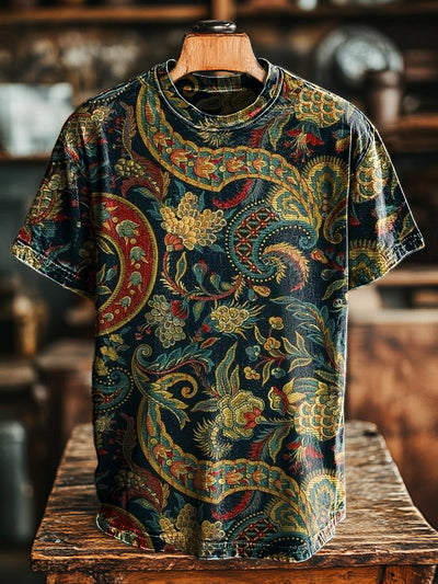 Unisex Retro Ethnic Floral Print Casual Loose Short Sleeve T-Shirt