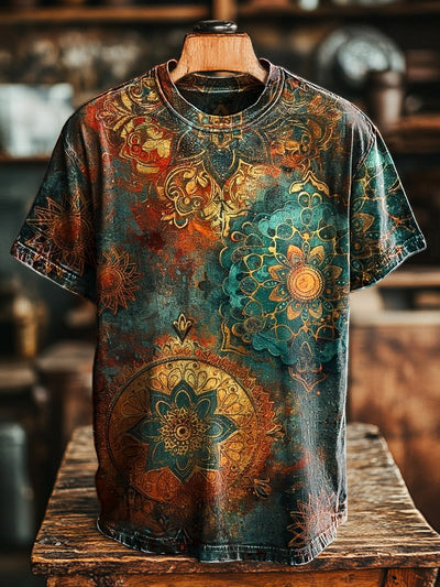 Unisex Vintage Abstract Mandala Print Casual Loose Short Sleeve T-Shirt