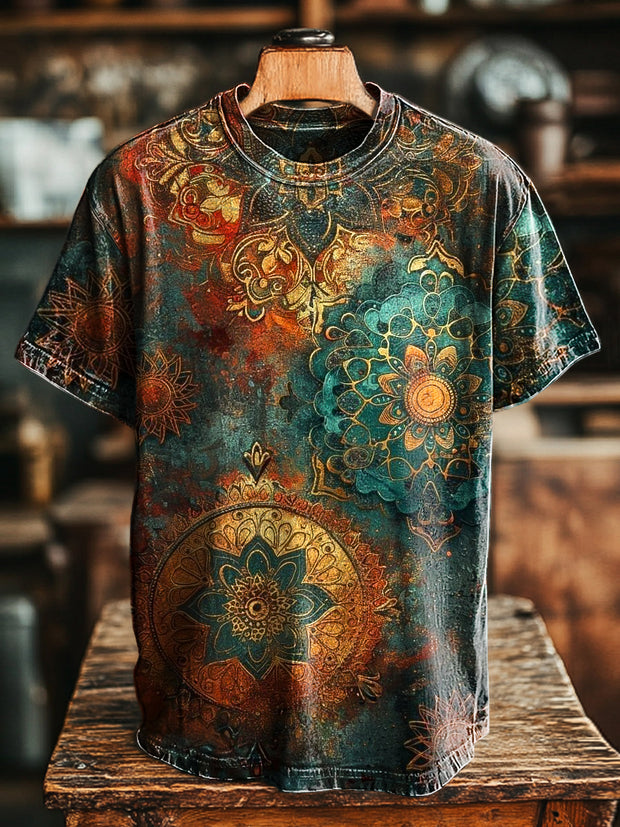 Unisex Vintage Abstract Mandala Print Casual Loose Short Sleeve T-Shirt