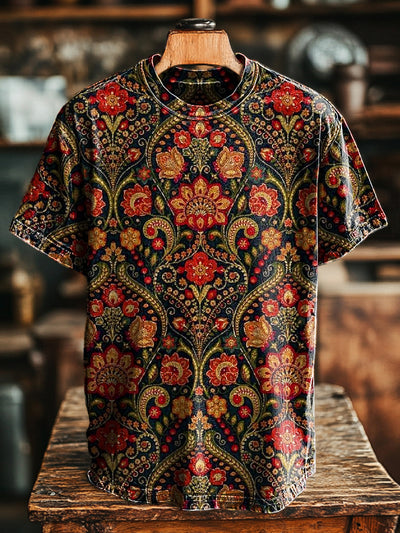 Unisex Retro Ethnic Symmetrical Floral Print Casual Loose Short Sleeve T-Shirt