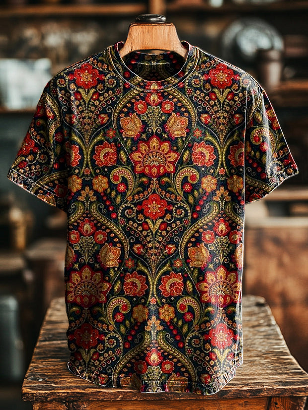 Unisex Retro Ethnic Symmetrical Floral Print Casual Loose Short Sleeve T-Shirt