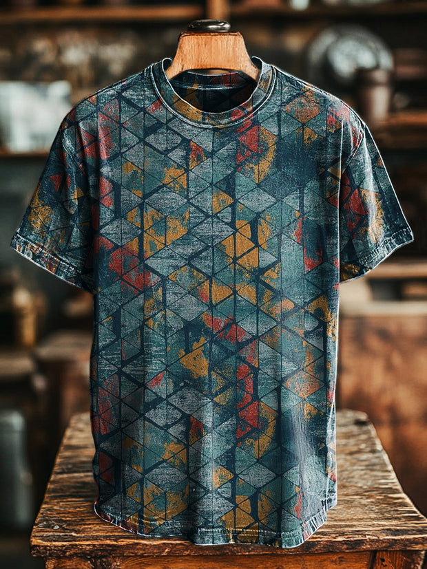 Unisex Retro Abstract Geometric Print Casual Loose Short Sleeve T-Shirt