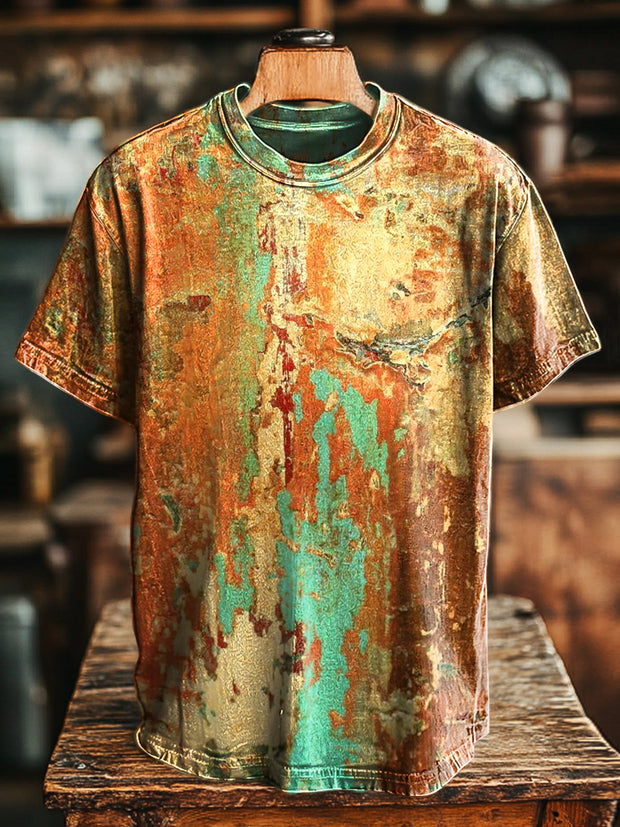 Unisex Retro Old Textured Printed Casual Loose Short Sleeve T-Shirt