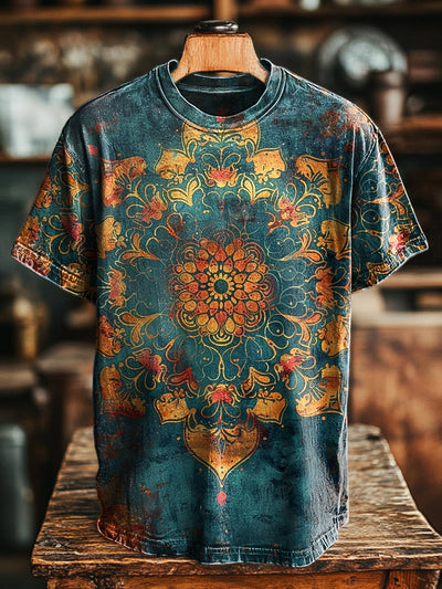 Unisex Vintage Mandala Print Casual Loose Short Sleeve T-Shirt