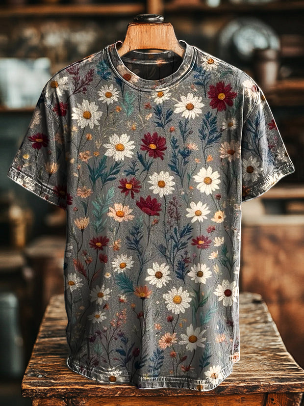 Unisex Retro Romantic Floral Print Casual Loose Short Sleeve T-Shirt