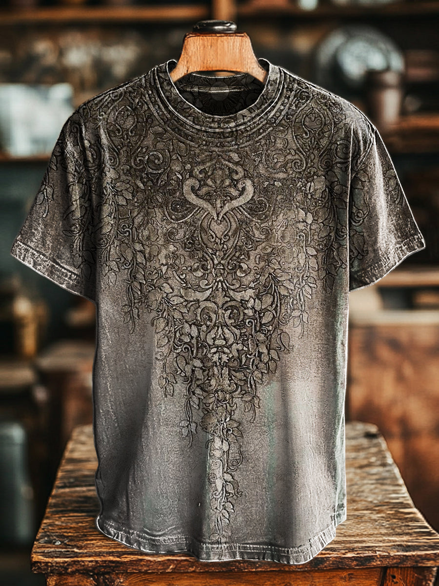 Unisex Retro Gradient Ethnic Flower Print Casual Loose Short Sleeve T-Shirt