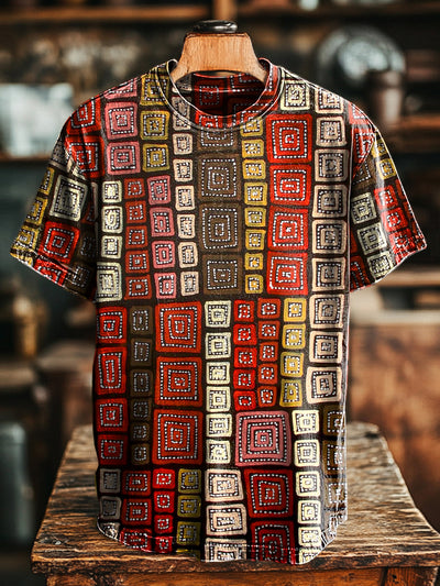 Unisex Retro Geometric Line Print Casual Loose Short Sleeve T-Shirt