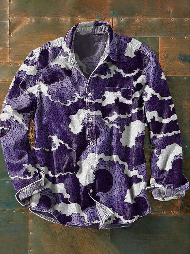 Men's Vintage Wave Pattern Printed Casual Long Sleeve Shirt