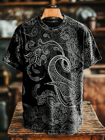 Unisex Vintage Paisley Line Print Casual Loose Short Sleeve T-Shirt