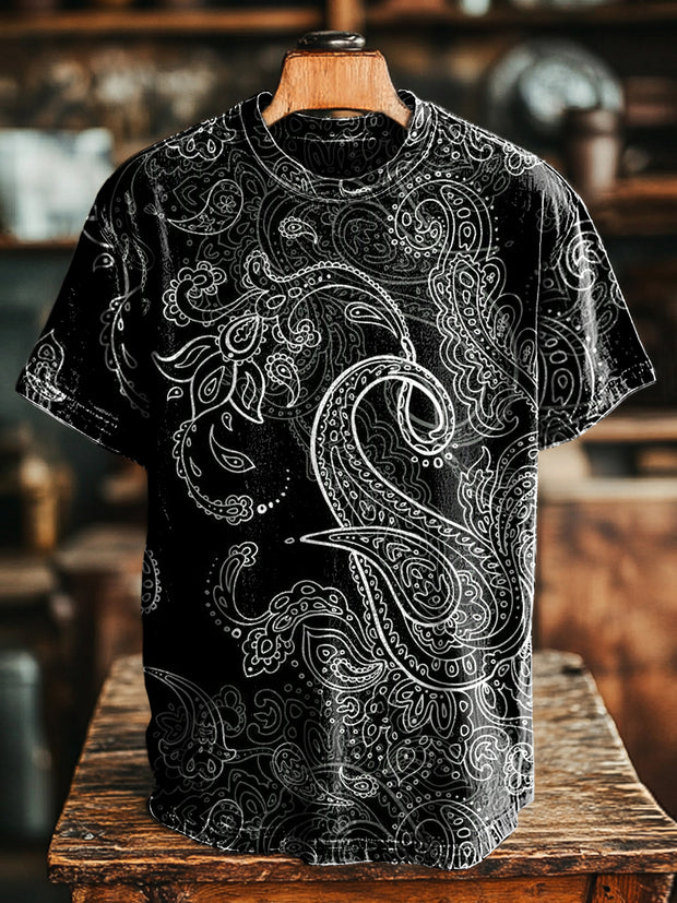 Unisex Vintage Paisley Line Print Casual Loose Short Sleeve T-Shirt