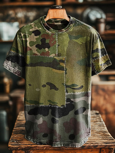 Unisex Retro Camouflage Splicing Printed Casual Loose Short Sleeve T-Shirt