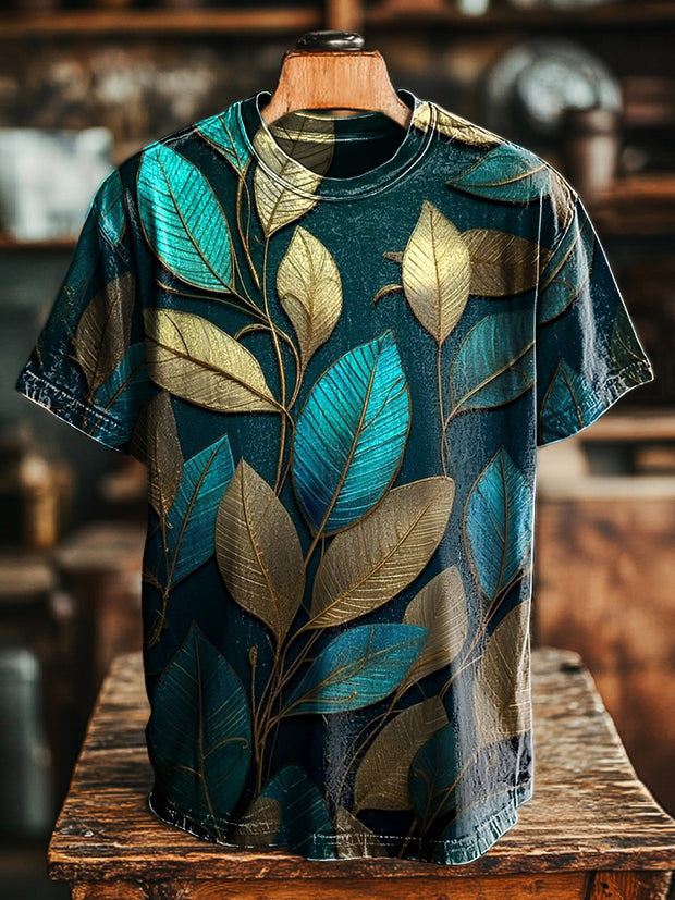 Unisex Vintage Abstract Leaf Art Print Casual Loose T-Shirt
