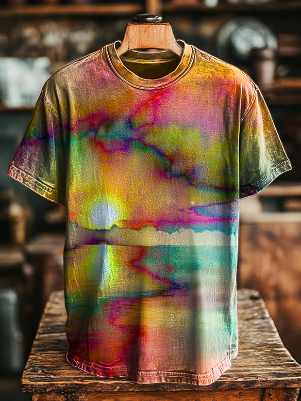 Unisex Vintage Abstract Sunrise Watercolor Print Casual Loose T-Shirt