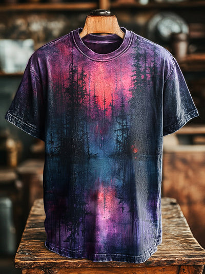 Unisex Vintage Abstract Forest Landscape Print Casual Loose T-Shirt