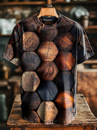 Unisex Vintage Abstract Geometric Wood Print Casual Loose T-Shirt