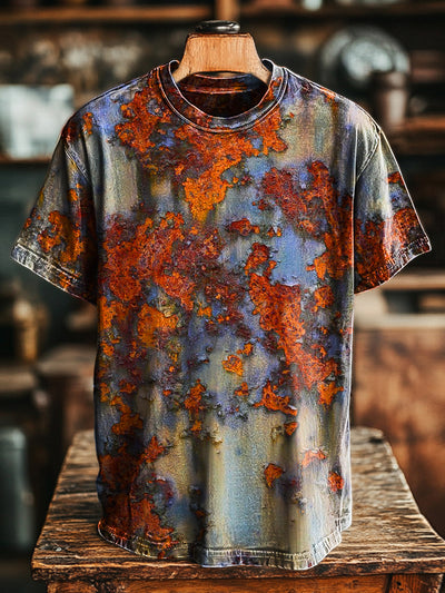 Unisex Vintage Abstract Swoosh Rust Print Casual Loose T-Shirt