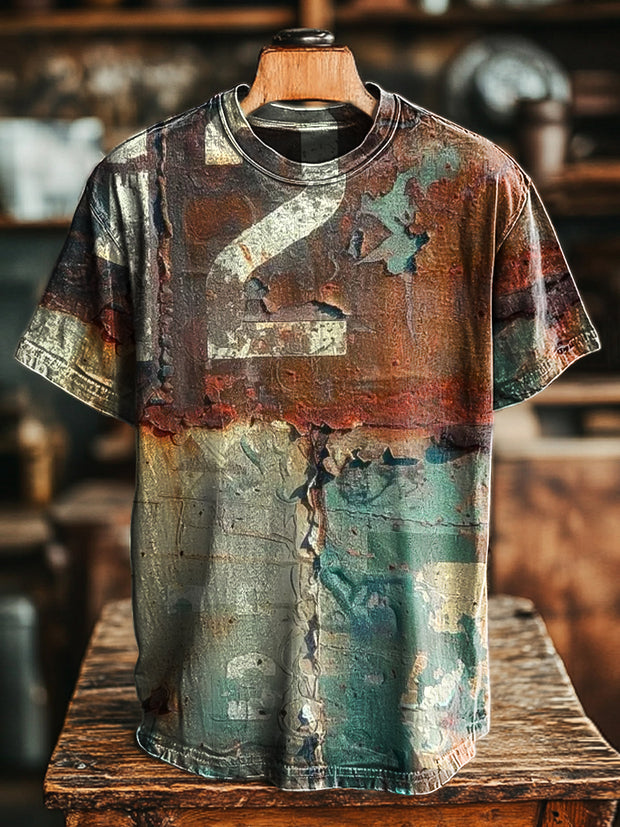 Unisex Vintage Aged Digital Mottled Print Casual Loose T-Shirt