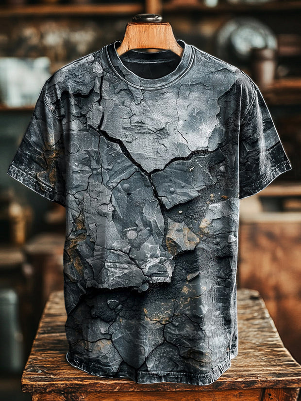 Unisex Vintage Abstract Stone Crackle Art Print Casual Loose T-Shirt