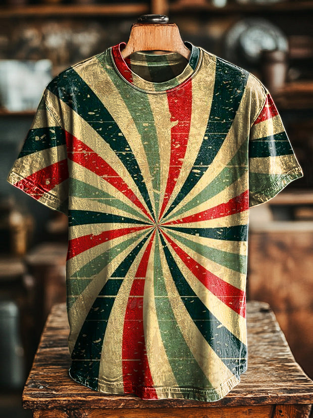 Unisex Vintage Aged Stripe Swirl Print Casual Loose T-Shirt