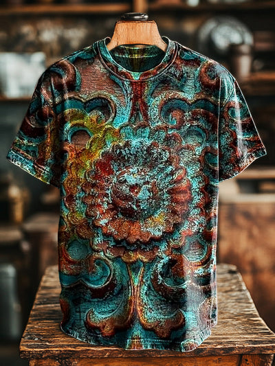 Unisex Vintage Aged Symmetrical Floral Print Casual Loose T-Shirt