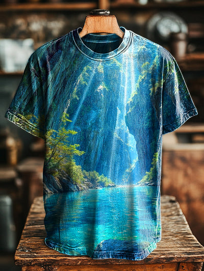 Unisex Vintage Landscape Waterfall Art Print Casual Loose T-Shirt