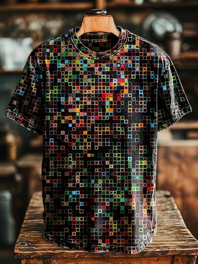 Unisex Vintage Colorful Line Geometric Art Print Casual Loose T-Shirt
