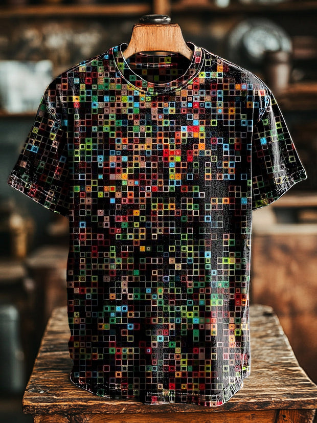 Unisex Vintage Colorful Line Geometric Art Print Casual Loose T-Shirt