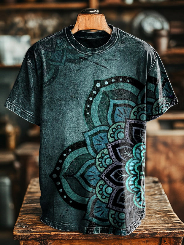 Unisex Vintage Dark Mandala Print Casual Loose T-Shirt