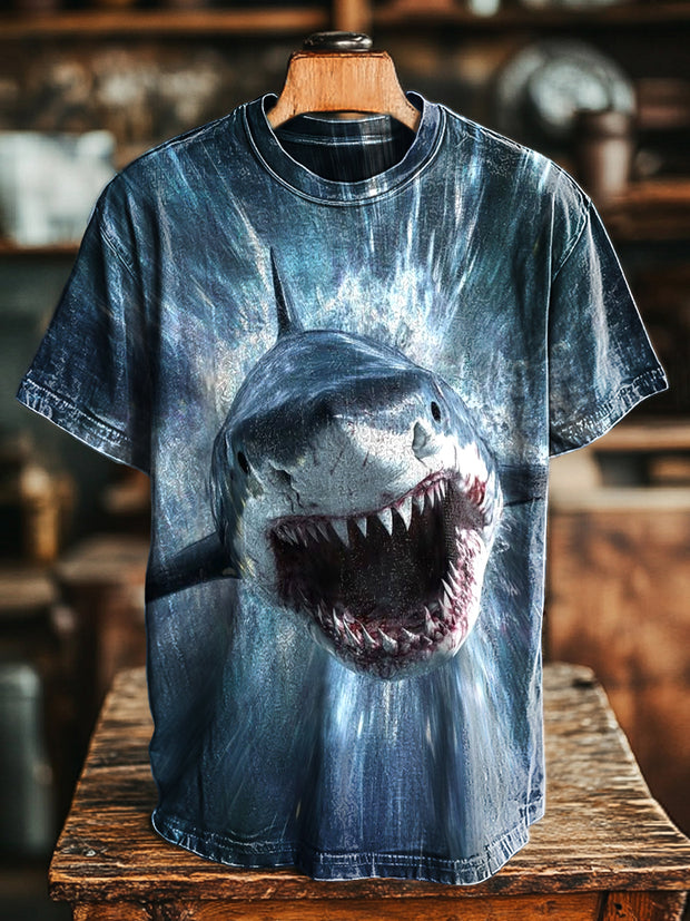 Unisex Vintage Shark Art Print Casual Loose T-Shirt