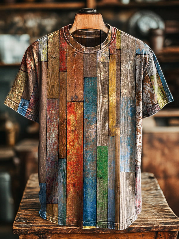 Unisex Vintage Multicolor Aged Stripe Printed Casual Loose T-Shirt