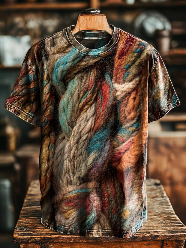 Unisex Vintage Abstract Wool Textured Print Casual Loose T-Shirt