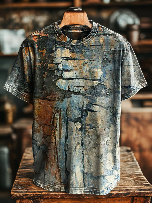 Unisex Vintage Nostalgia Wall Crackle Print Casual Loose T-Shirt