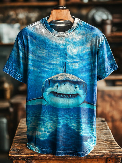 Unisex Vintage Underwater Shark Art Print Casual Loose T-Shirt