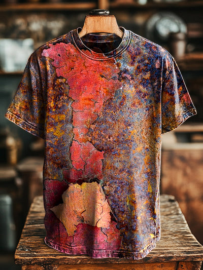 Unisex Vintage Colorful Crackle Art Print Casual Loose T-Shirt