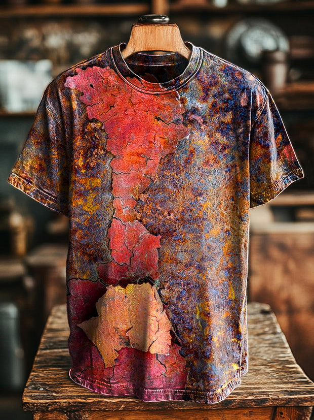 Unisex Vintage Colorful Crackle Art Print Casual Loose T-Shirt