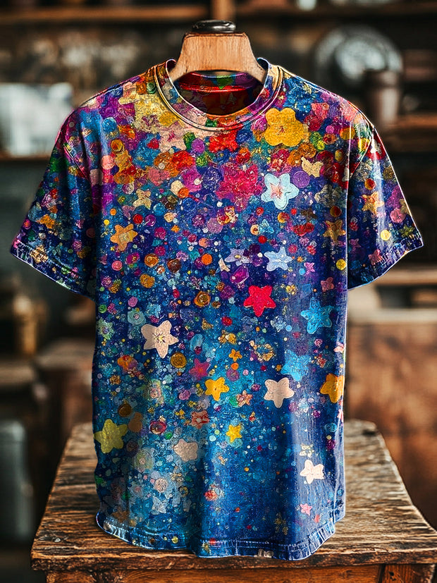 Unisex Vintage Abstract Star Graffiti Print Casual Loose T-Shirt