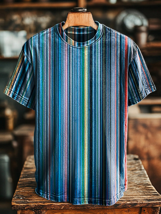 Unisex Retro Colorful Stripe Printed Casual Loose T-Shirt